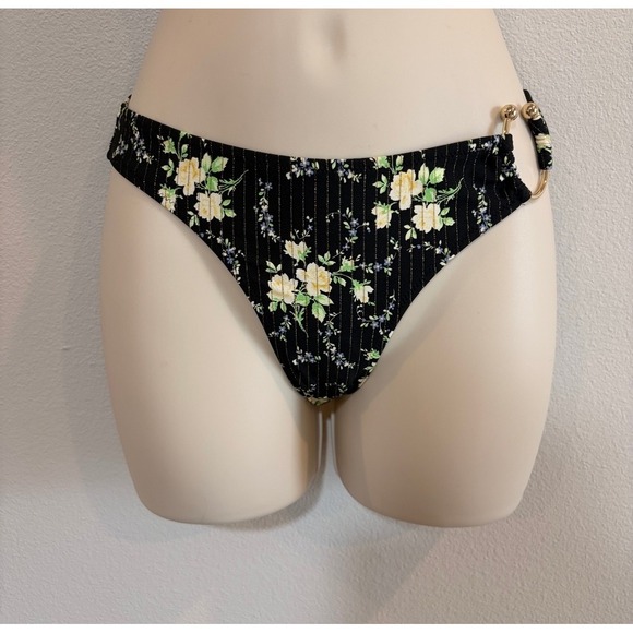 aerie Other - Aerie Floral Pinstripe Metallic Ring Cheeky Bikini Bottom Womens XS Black Swim